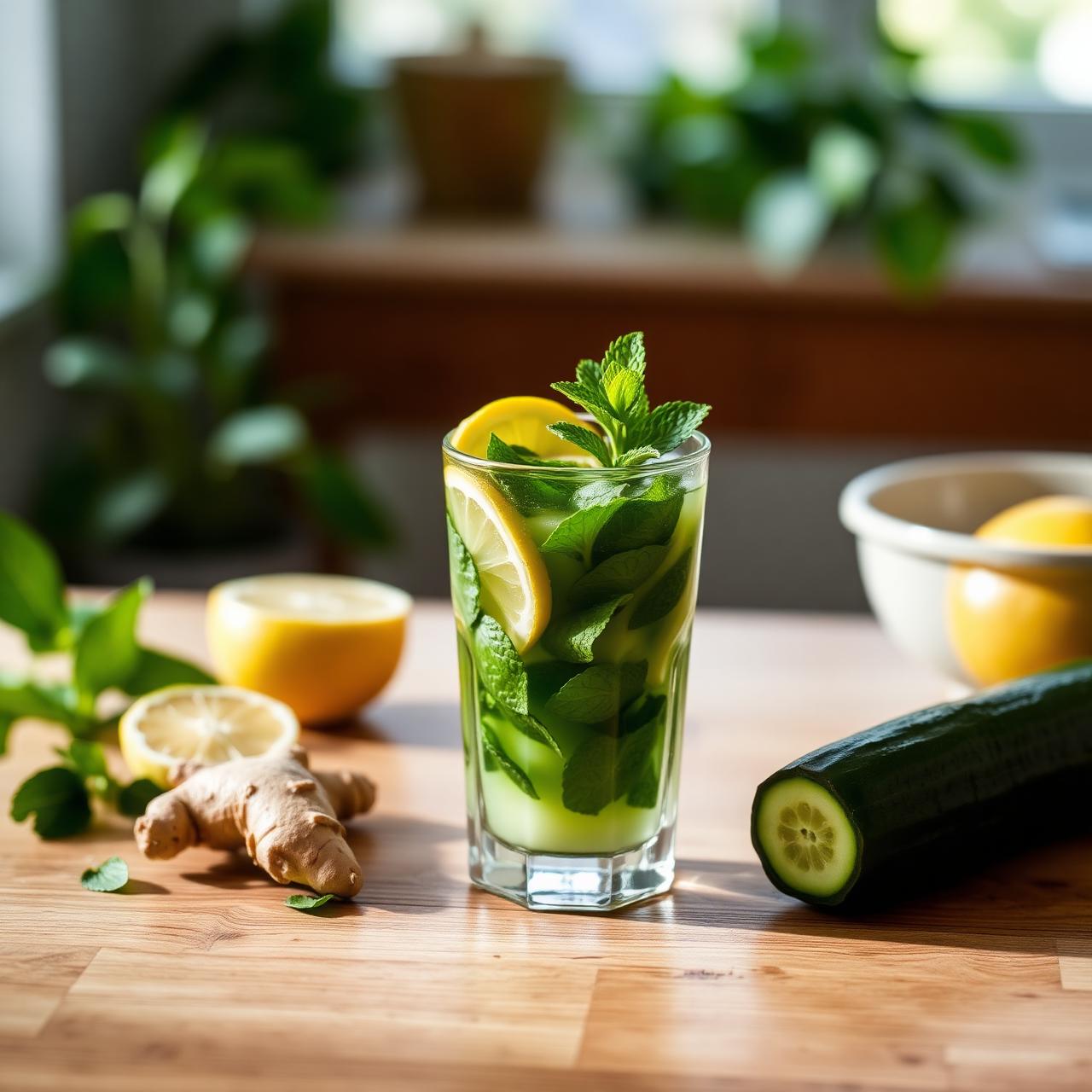 Bebida natural verde con menta y limón sobre mesa de madera