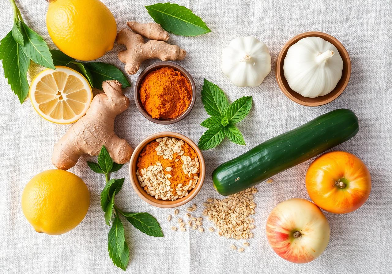 Ingredientes naturales: limón, jengibre, cúrcuma, pepino, manzana